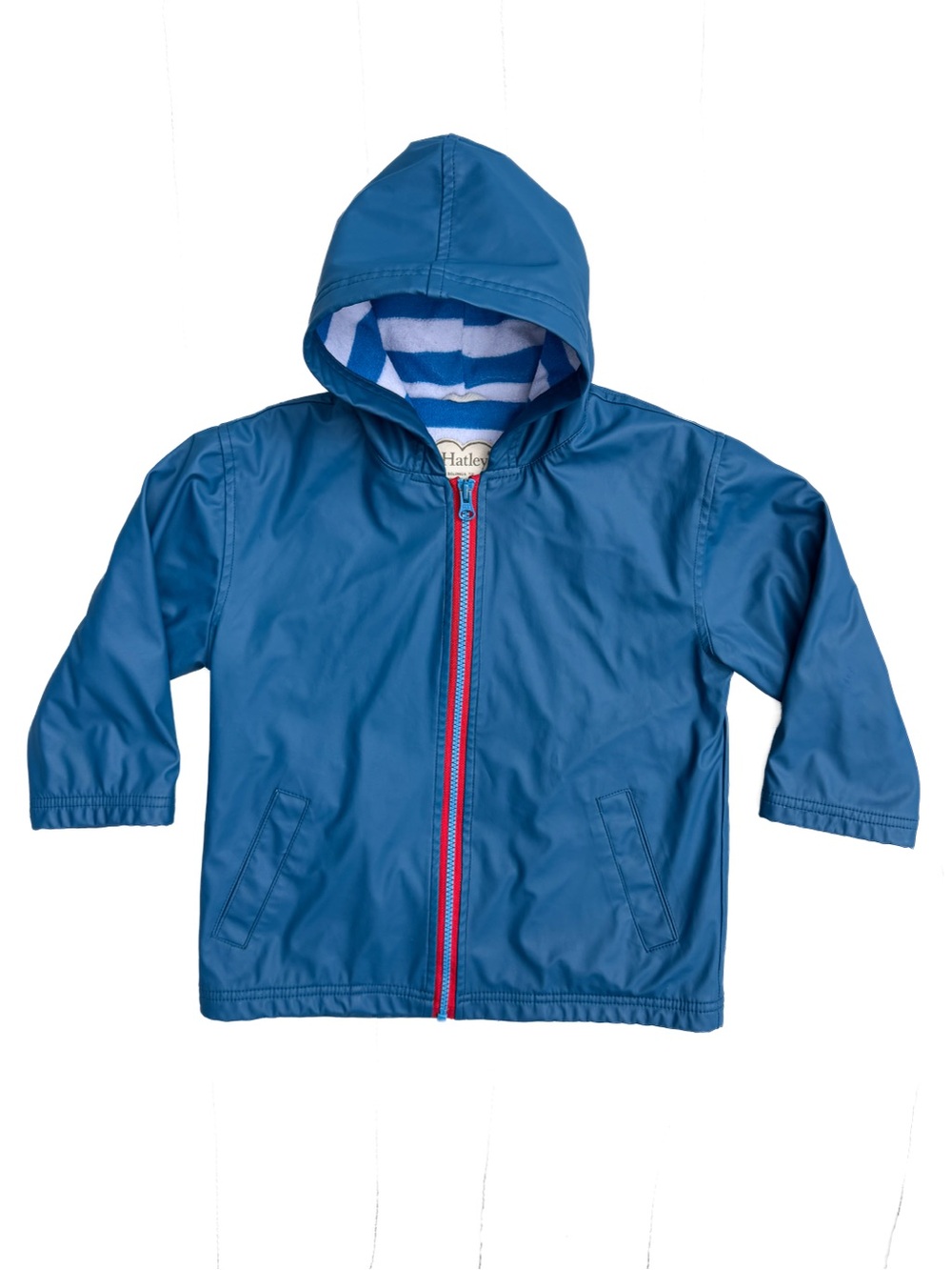 Hatley Boys Blue Waterproof Hooded Splash Rain Jacket Terry Lined Size 4 Girls
